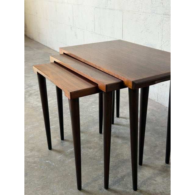 Rosewood Nesting Tables Set of 3 With Slim Tapered Legs Vintage Mid-Century Modern 1960s For Sale In Los Angeles - Image 6 of 11