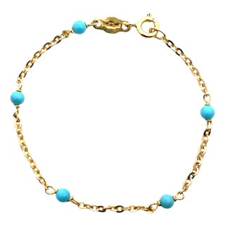 18k Yellow Gold Turquoise Bead Chain Bracelet For Sale