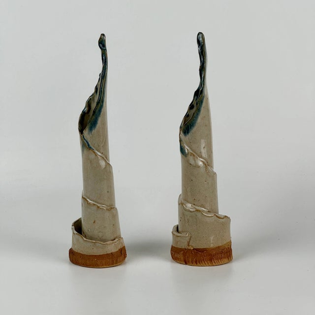 Ceramic Pair of Vintage Twirling Ceramic Candlestick Holders Ending in Flaming Victory For Sale - Image 7 of 10