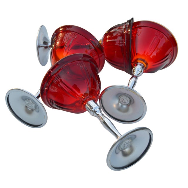 Metal Vintage Red-Patterned & Silver Stemmed Glasses - Set of 4 For Sale - Image 7 of 10
