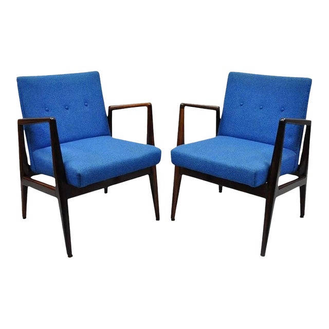 Vintage Jens Risom Style Rosewood Mid Century Modern Blue Fabric Lounge Chairs- a Pair For Sale