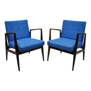 Vintage Jens Risom Style Rosewood Mid Century Modern Blue Fabric Lounge Chairs- a Pair