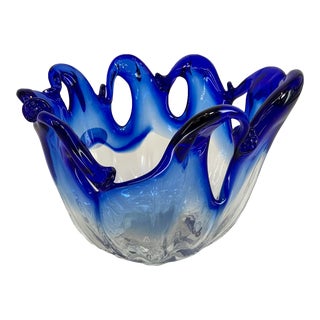 Murano Glass Large Blue to Clear Central Bowl For Sale