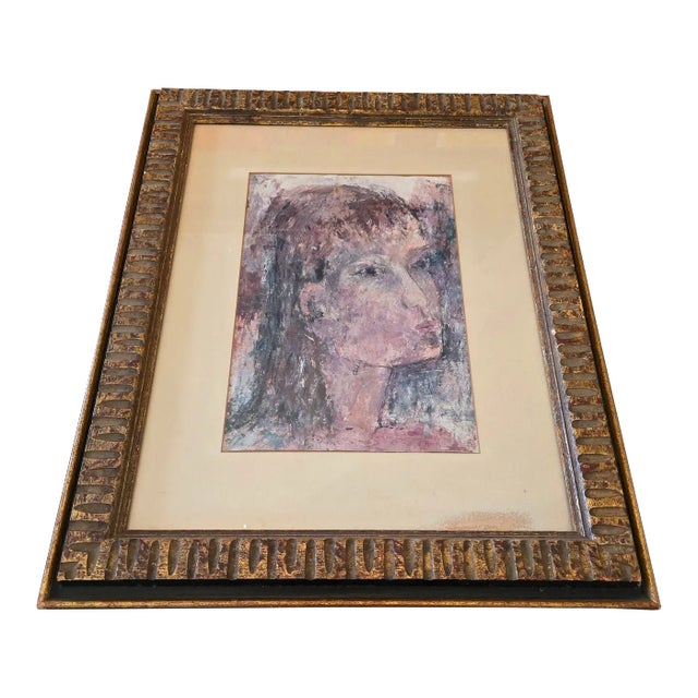 Vintage Mid Century Modern Watercolor Painting of Girl For Sale