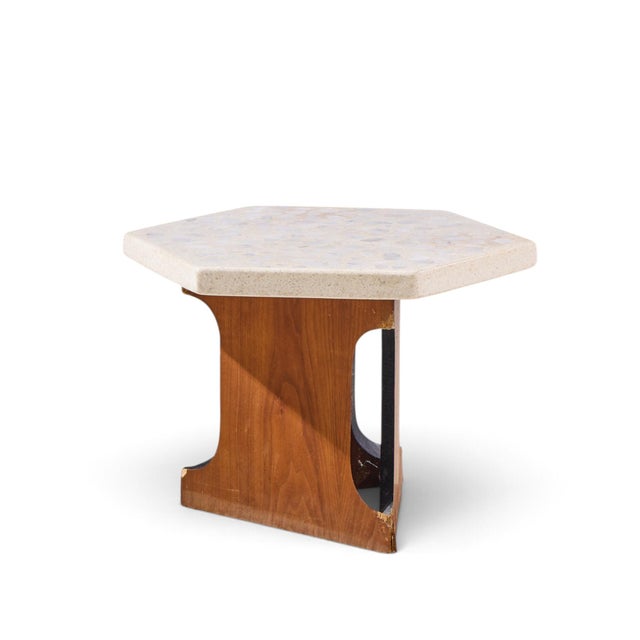 Wood Harvey Probber Mid Century Walnut and Terrazzo Top Hexagon Side Tables - Pair For Sale - Image 7 of 11