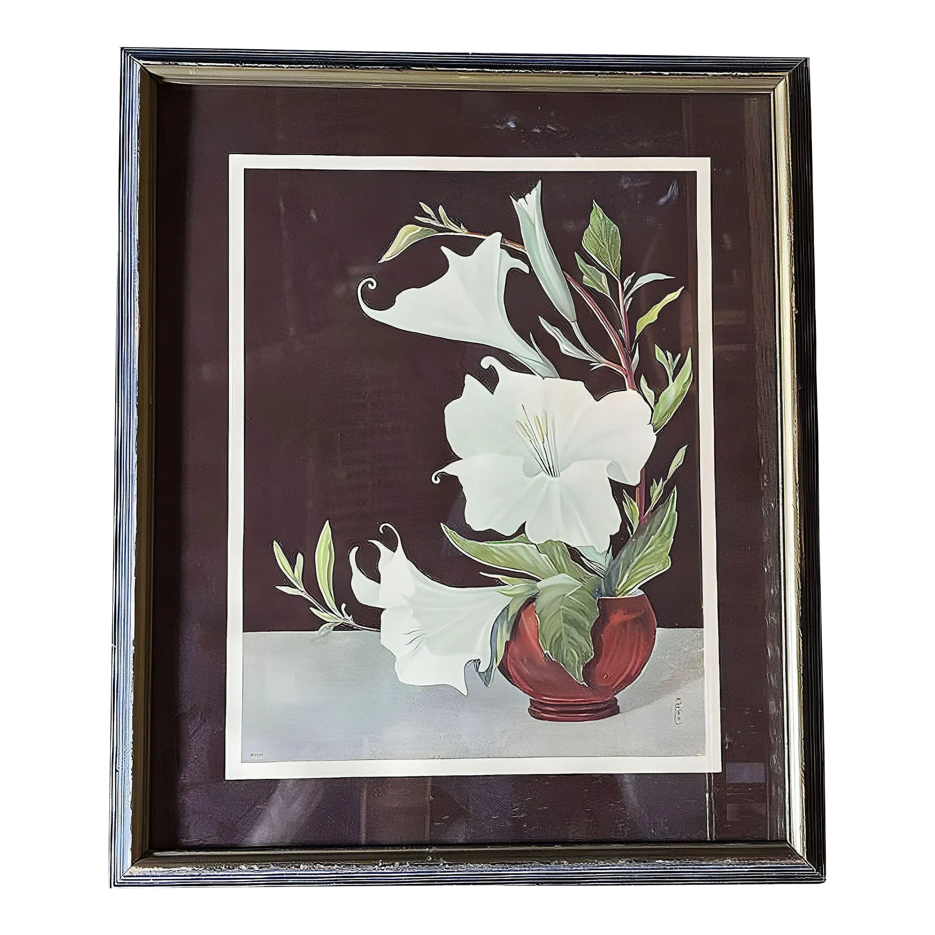 1950s Ikebana Arranged White Petunia Foral Scenic Lithograph by