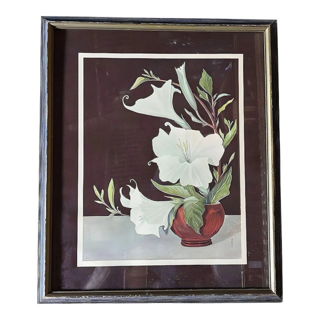 1950s Ikebana Arranged White Petunia Foral Scenic Lithograph by Lithoin, Framed For Sale