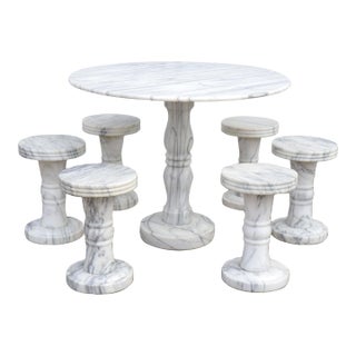 Vintage Italian Solid Carrara Marble Pedestal Dining Table With 6 Stools Garden Bistro 50's 60's Hollywood Regency Neoclassical For Sale