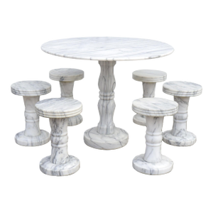 Vintage Italian Solid Carrara Marble Pedestal Dining Table With 6 Stools Garden Bistro 50's 60's Hollywood Regency Neoclassical