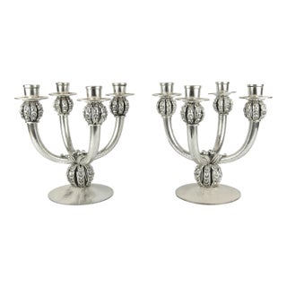 Pair of 1920s Art Déco Polished Silvered Bronze 4-Arms Candelabras, France For Sale