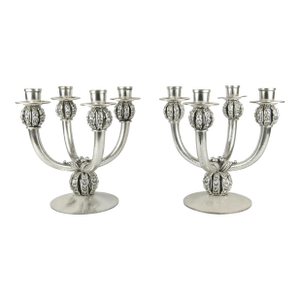 Pair of 1920s Art Déco Polished Silvered Bronze 4-Arms Candelabras, France