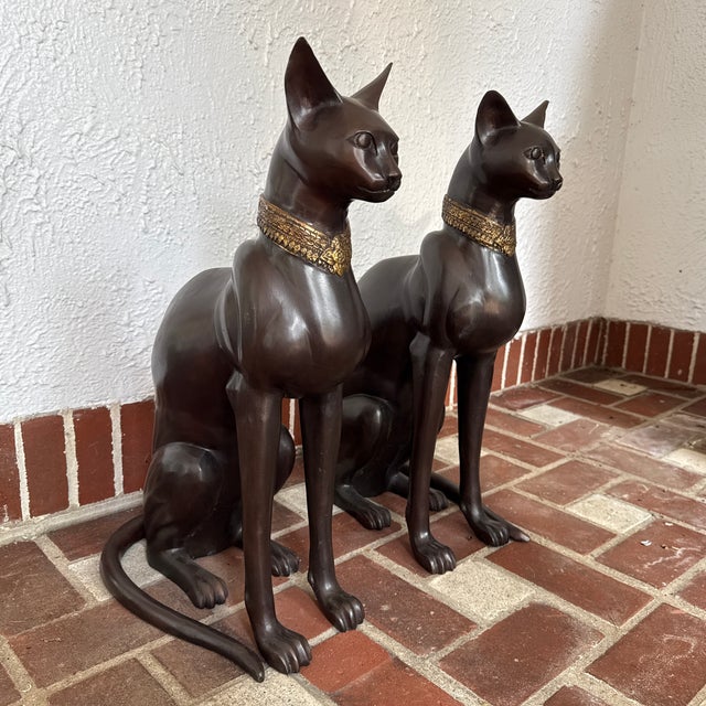 Art Deco 1970s Pair of Bronze Egyptian Bastet Cat Sculptures by A.Tiot For Sale - Image 3 of 10
