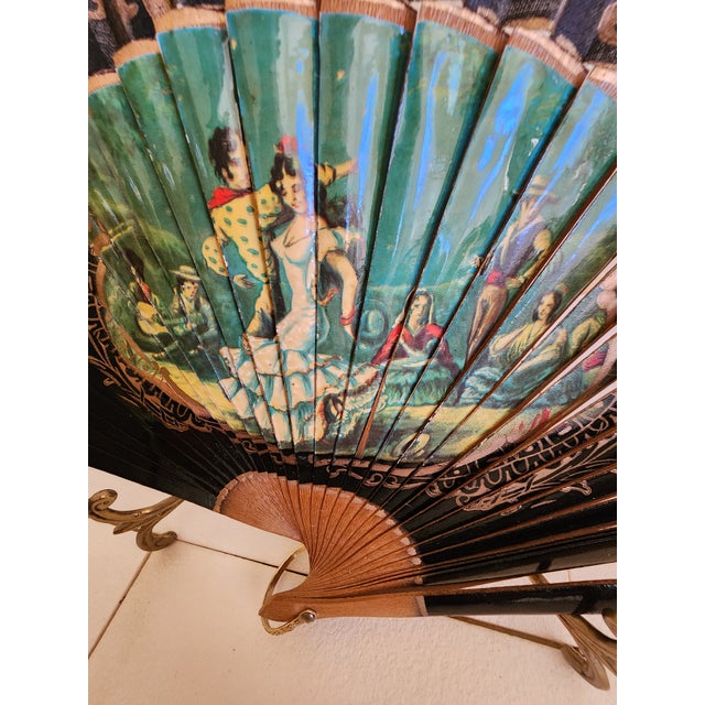 Illustration Vintage Hand Painted Fan With Black Lacquer of Romantic Spaniard Dancers For Sale - Image 3 of 9