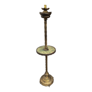 Antique Victorian Cast Metal Floor Lamp With Round Onyx or Marble Shelf