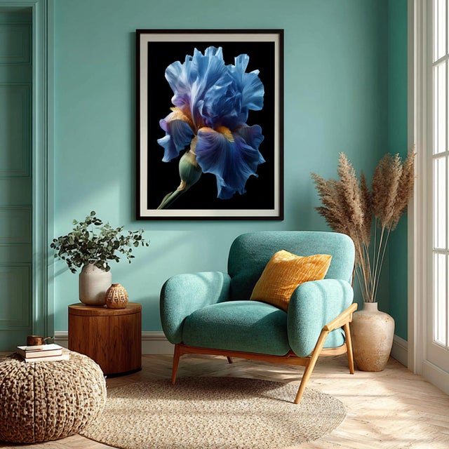 A luminous iris unfurls in silky blue and violet waves its petals glowing with golden accents. Ethereal and sculptural,...