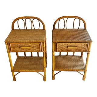 Vintage Bedside Tables in Rattan and Woven Wicker, Italy, 1970s, Set of 2 For Sale