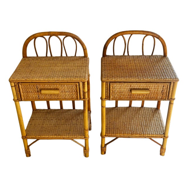 Vintage Bedside Tables in Rattan and Woven Wicker, Italy, 1970s, Set of 2 For Sale