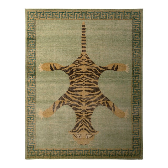 Handknotted Stretching Tiger Rug in Lush Sea Green, 2'x3' For Sale