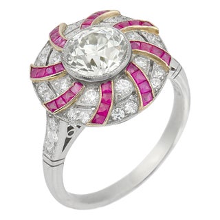 Art Deco Style 1.42 Carat Diamond Ruby Platinum Cluster Swirl Ring, Size 6.75 For Sale