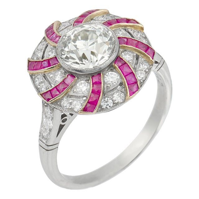 Art Deco Style 1.42 Carat Diamond Ruby Platinum Cluster Swirl Ring, Size 6.75 For Sale