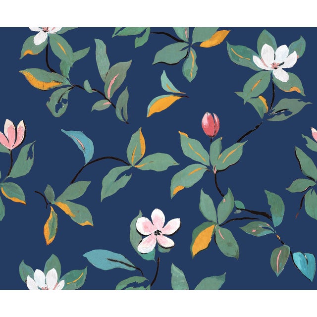 Sample - Magnolias Wallpaper by Paule Marrot in Midnight Blue For Sale