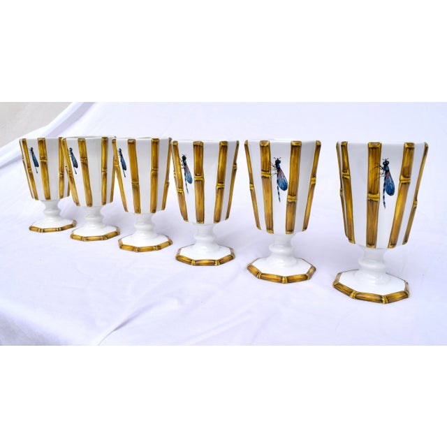 Fine Majolica hand painted bamboo with Dragonflies goblets in pristine condition. Circa 1970's Italy signed & numbered;...