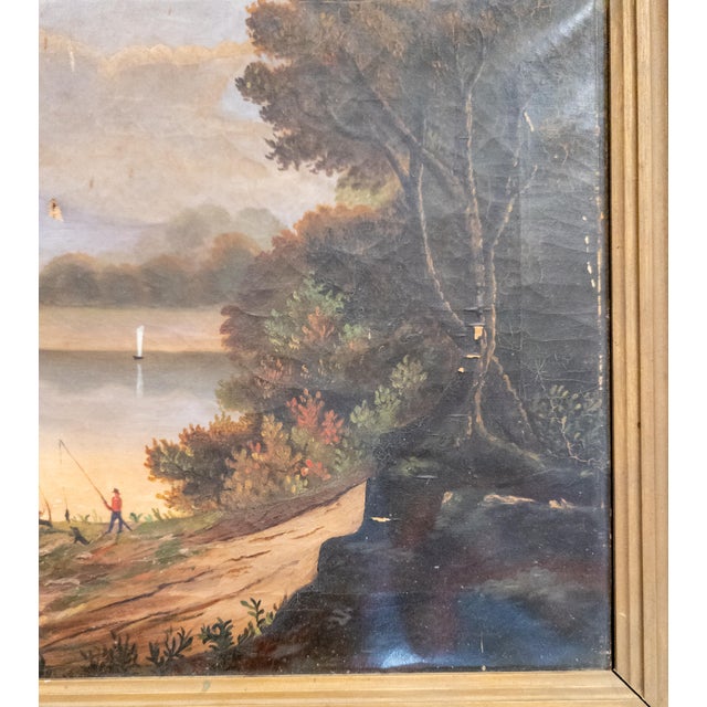 19th Century American Naive Folk Art Landscape Painting With Fishermen For Sale - Image 9 of 18