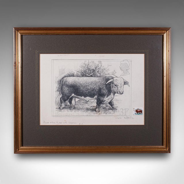 This is a vintage artist's proof sketch of the Hereford Bull. An English, framed original illustration for British Post...