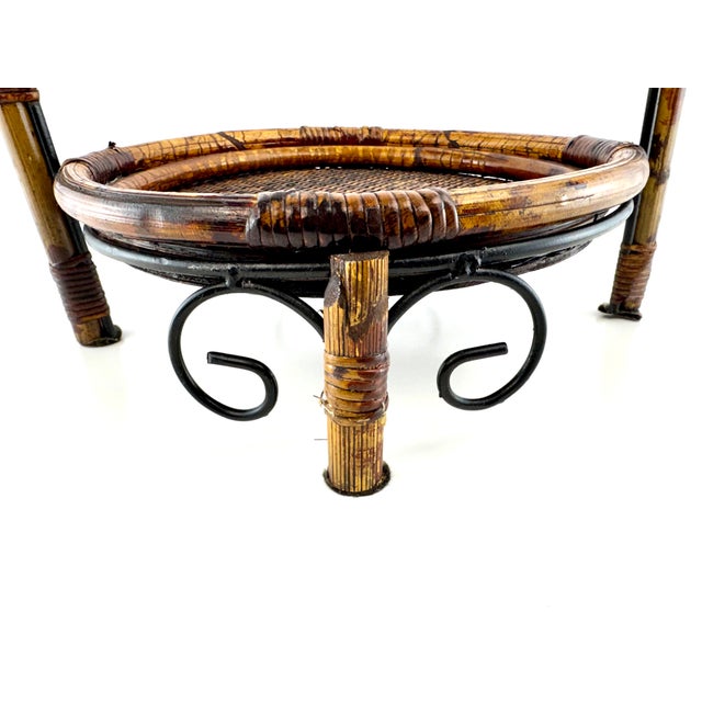 Vintage Tortoiseshell Rattan & Wrought Iron Round Tray Stand For Sale - Image 11 of 12