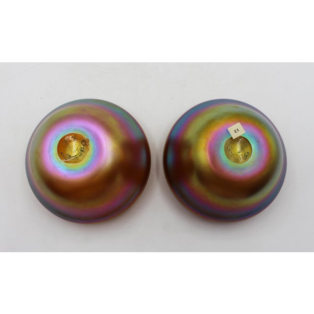 Circa 1910 American Set of Four Quezel Iridescent Gold Art Glass Finger Bowls and Undertrays For Sale - Image 13 of 13