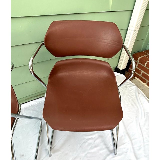 1970s 1970s Mid-Century Chrome Stacker Chairs – Pair, Stackable Office or Dining Seating, Sculptural Brown Seats For Sale - Image 5 of 11
