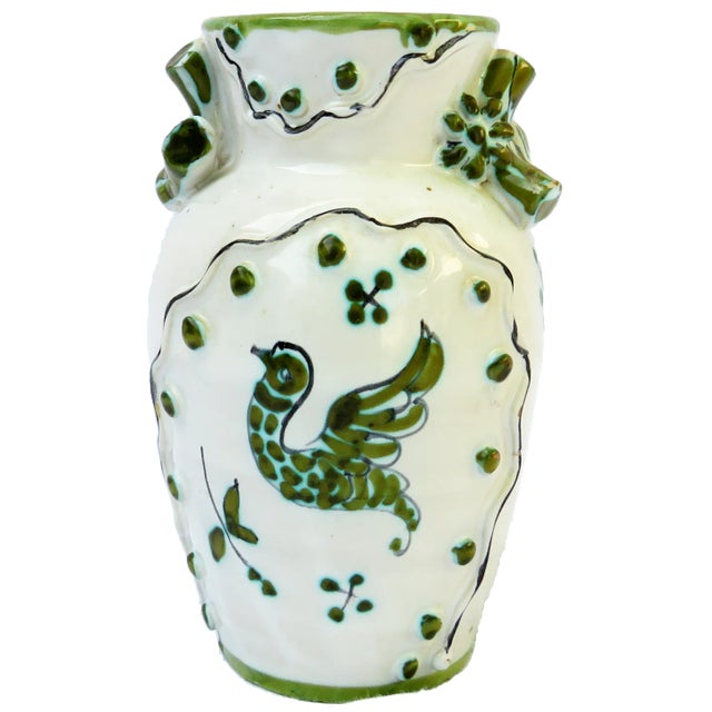 Mid 20th Century Mediterranean Bird Motif Green, Blue & White Pottery Vase, Signed For Sale - Image 5 of 5