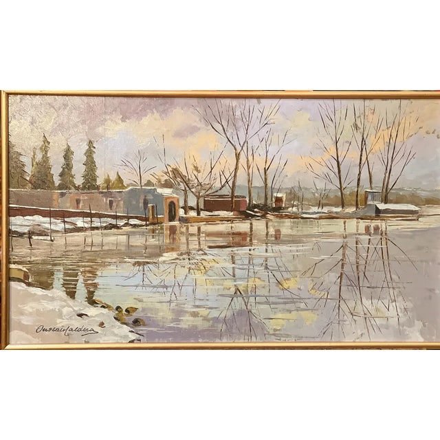Onorato Caldera, Snowfall, Lago Di Monate, 20th Century, Oil Painting on Panel For Sale
