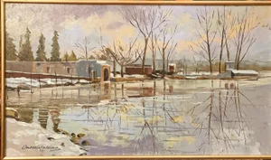 Onorato Caldera, Snowfall, Lago Di Monate, 20th Century, Oil Painting on Panel