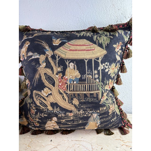 Chinoiserie Handsome Thibaut Chinoiserie Cotton Print Pillows /Pair For Sale - Image 3 of 8