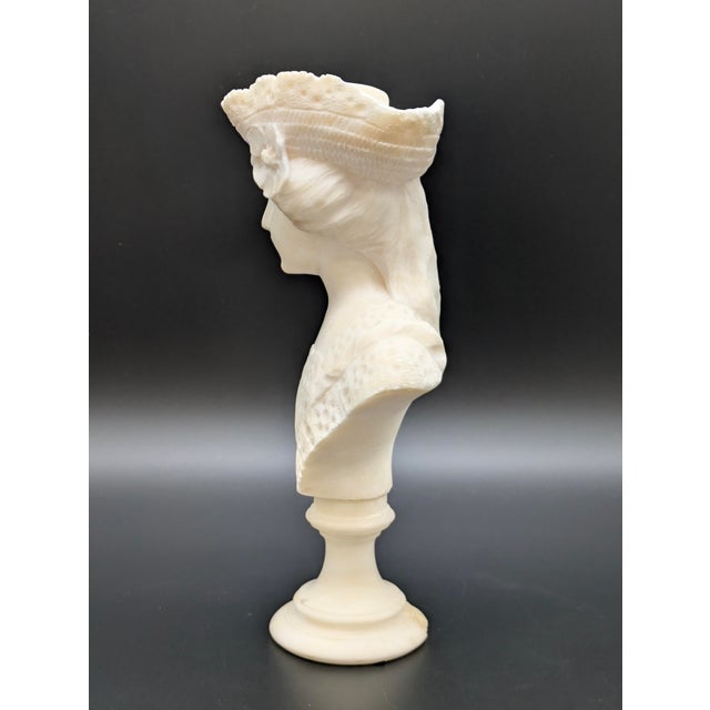 Antique Art Nouveau Carved Italian Alabaster Bust: Woman in Hat (After Cipriani) For Sale - Image 9 of 10