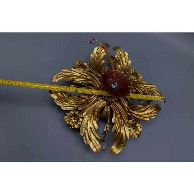 Italian Hollywood Regency Gilt Metal and Glass Flower Ceiling Light, 1970s For Sale - Image 17 of 18