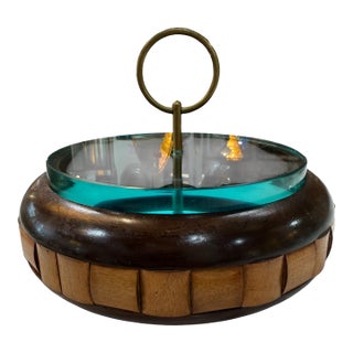 Vintage Mid-Century Wooden Box With Glass Lid & Brass Ring Handle For Sale