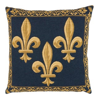 Fleur De Lys Blue Tapestry Cushion With Feather Filler - 46 X 46cm For Sale
