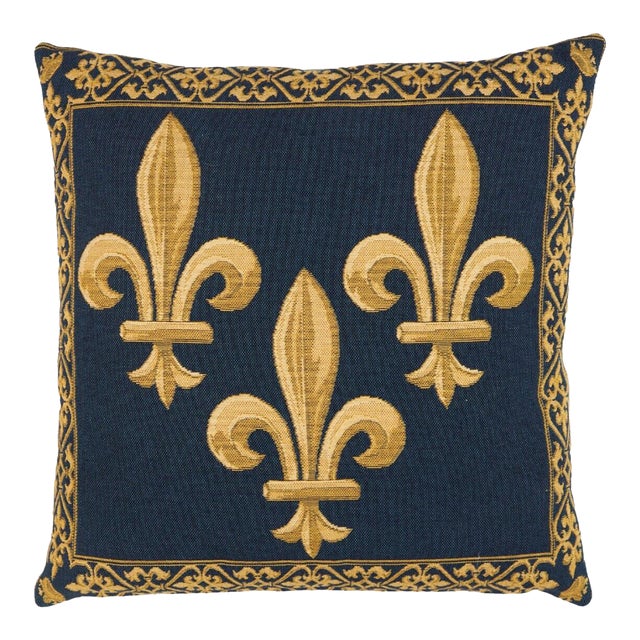 Fleur De Lys Blue Tapestry Cushion With Feather Filler - 46 X 46cm For Sale