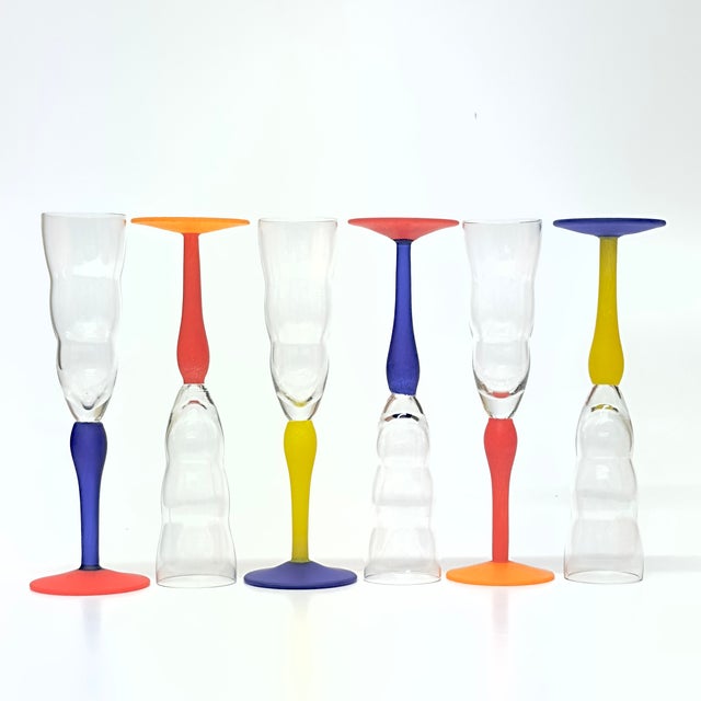 Postmodern Memphis Style Tall Glass Champagne Flutes Attributed to Kosta Boda Circa 1980s - Set of 6 For Sale - Image 4 of 8