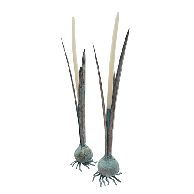 Contemporary Vintage Verdigris Cattail Candleholders, Copper Bronze Metal, Pair, 13" For Sale - Image 3 of 13