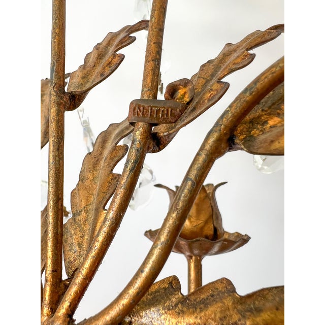 Hollywood Regency Mid Century Italian Gold Gilt Tole & Crystal Wall Sconces — Hollywood Regency / Italian Florentine Style For Sale - Image 3 of 11