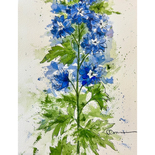 Original “Blue Delphinium” Watercolor Tall Painting For Sale - Image 4 of 12
