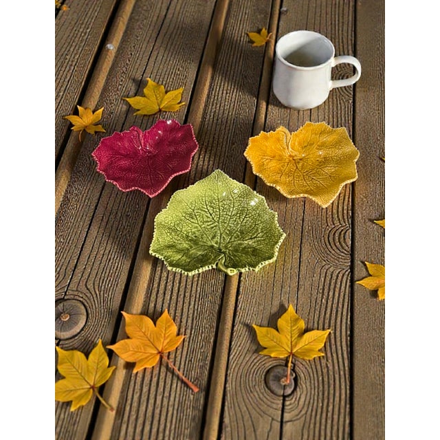 Mid-Century Modern Late 20th Century Three Grape Leaf Colorful Dishes Bordallo Pinheiro Portugal Red, Yellow, Green For Sale - Image 3 of 9