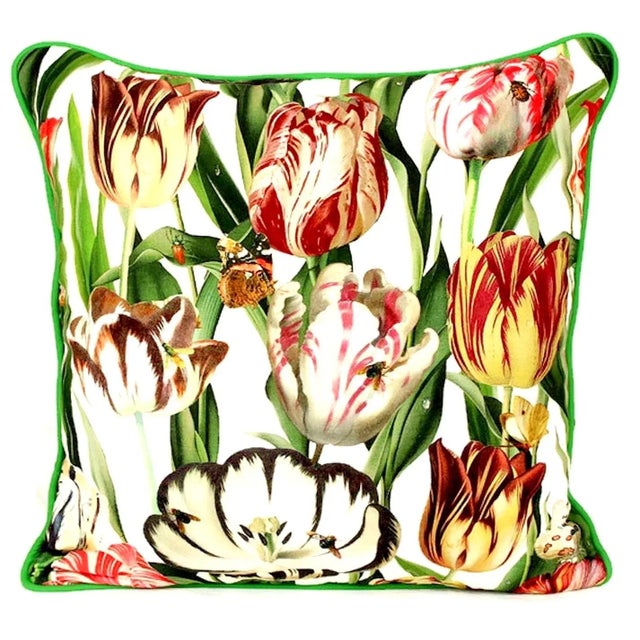 Kravet Vintage Colefax & Fowler Style Tulip & Leaf Reversible Painted Pillow Cover With Piping- a Pair For Sale - Image 4 of 13