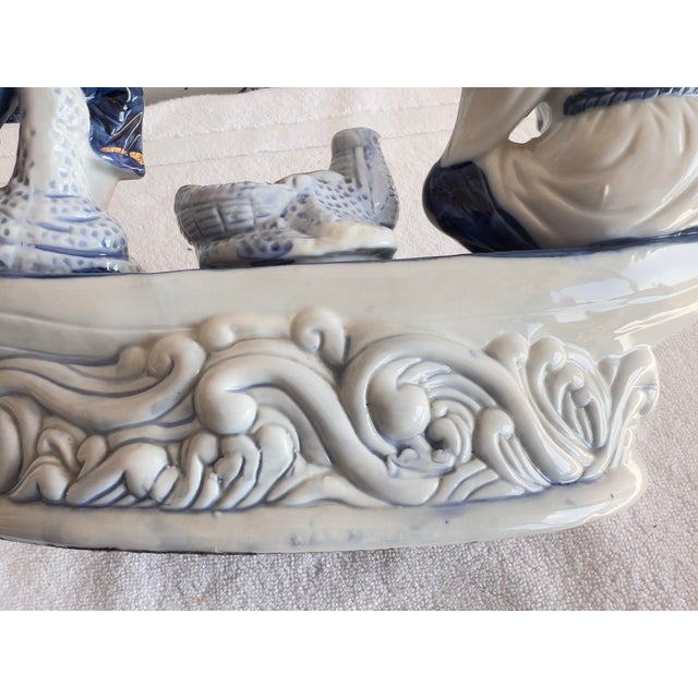 Vintage Blue & White Porcelain Chinese Fishermen in Boat For Sale - Image 10 of 11