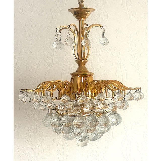 Gold Brass and Crystal Ball 4-Light Chandelier, 1980s For Sale - Image 8 of 15