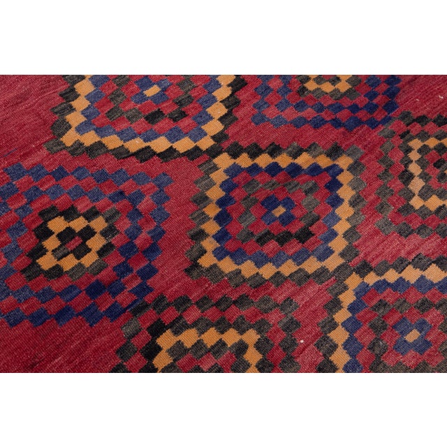 Red Vintage Kilim Handmade Flatweave Red Geometric Wool Runner 4' 3'' X 4' 7'' For Sale - Image 8 of 11