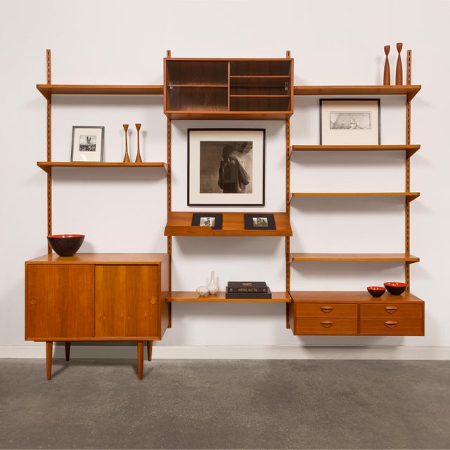 Mid-Century Modern 1960s Vintage Kai Kristiansen Teak Wall System W/Two-Door Cabinet For Sale - Image 3 of 11